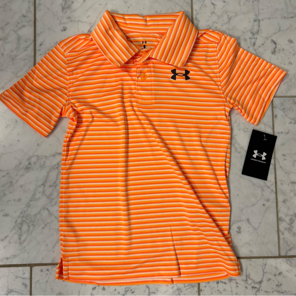 Under Armour Kids Little Boy Size 7 Polo Collar Shirt Orange Stripe. New NWT
